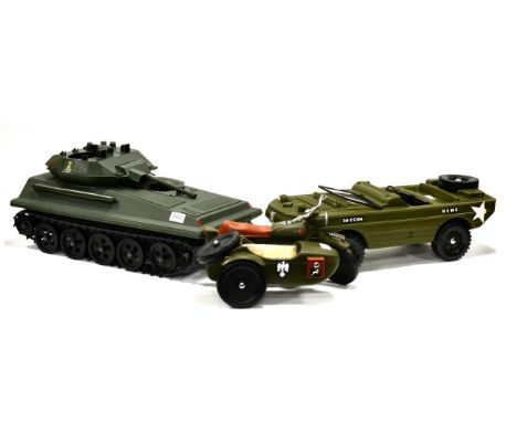Palitoy Action Man Scorpion Tank Cherilea German Army motorcycle and sidecar and US Army amphibious vehicle (all boxed) (3)