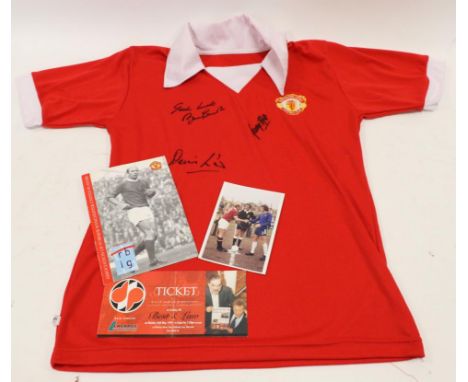 Manchester United Signed Retro Shirt signed by Bobby Charlton, George Best and Denis Law; with Ticket from An Evening with Be
