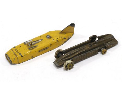 Dinky (Pre-War) 23m Thunderbolt lead body, yellow with lacquered base (F) together with a Johillco Golden Arrow (F, lacks tai