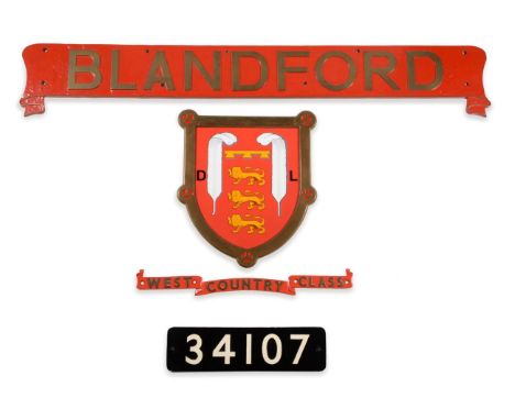 Nameplate BLANDFORD, stamped 'RH' (right hand) verso  complete with West Country Class scroll stamped 'A5434 W6564AJ' verso (