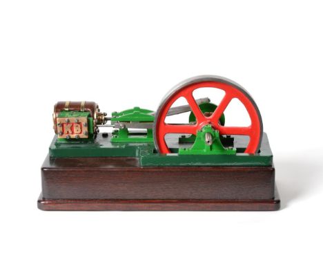 Live Steam Stationary Steam Engine with single wood lagged fixed horizontal cylinder and flywheel 6'' diameter on stained woo