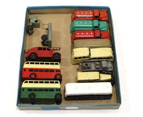Dinky Light Commercials three Studebaker tankers, Streamlined fire engine, Luxury coach, Observation coach, BOAC coach, Searc