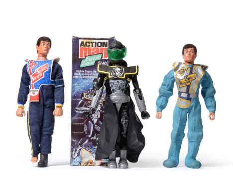 Palitoy Action Man Captain Zargon (E box G) together with two Space Ranger figure (one head detached, both lacking helmets an