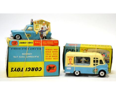 Corgi Ice Cream Vans 447 Wall's Ford Thames with two figures in display box (E box G-E) and 428 Smith's Mr Softee (E box G) (