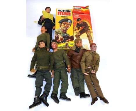 Palitoy Action Man Two Soldiers (one has head detached, both boxed) together with six Action Man and one GI Joe figures in ar