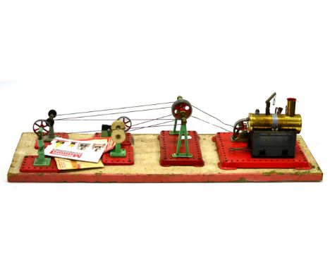 Mamod Live Steam Stationary Engine mounted on board with line shaft and four accessories (all G)