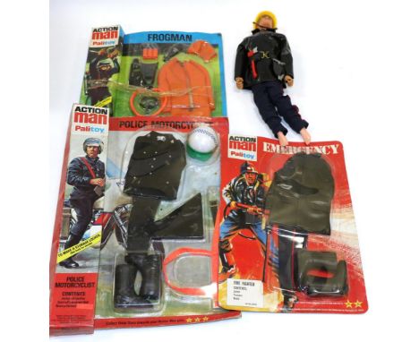 Palitoy Action Man Outfits Police Motorcyclist, Frogman and Emergency Fire Fighter (all in original packaging) together with 