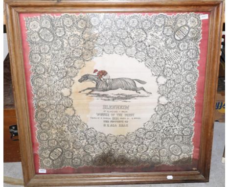 A Framed 1930 Derby Winner 'Blenheim' Silk Scarf (heavily stained) 