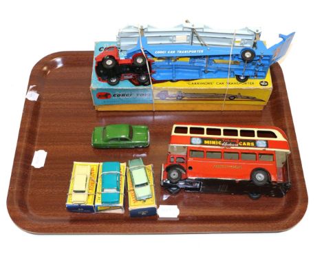 Corgi 1101 Bedford S Type Car Transporter (E-G box F-G) Ford Consul with motor (G); Matchbox three 1-75 regular wheels (all E