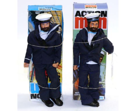 Palitoy Action Man Sailor with HMS Dreadnought cap (E box G-F) and another with Eagle Eyes and HMS Ark Royal cap (E box F-G) 