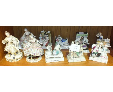 A collection of seven ceramic fairings, including 'Five o'clock tea', 'Oysters, Sir?', a Continental ceramic figure of a lady