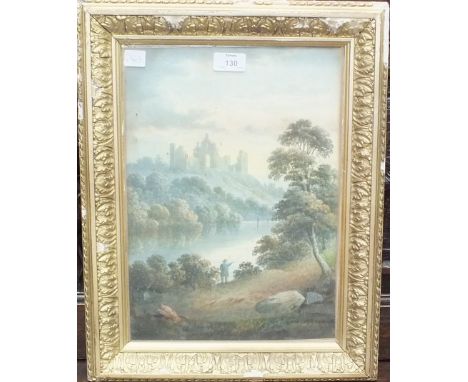 W Langley?, 'Figure fishing from a river bank, ruins of an abbey in the distance', oil painting, 37.5 x 26cm and other pictur