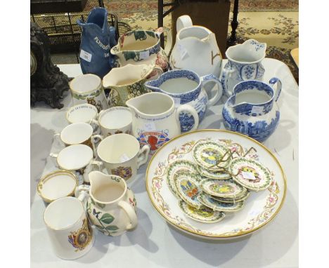 A Dartmouth Pottery 'Plymouth Gin' fish jug, 24cm high, a Copeland Spode blue and white 'Italian' jug, other jugs, a Royal Wo