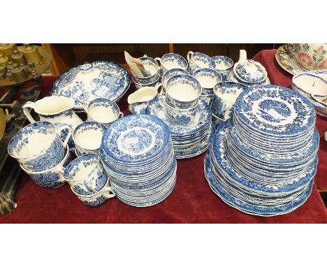 Ninety-two pieces of Royal Worcester Palissy "Avon Scenes" blue and white decorated tea and dinnerware.