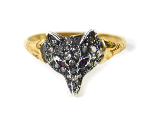 An 18ct gold ruby and diamond ring, formed as a fox's head, size Q, 2.0g.