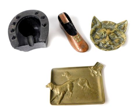 Four novelty ashtrays, comprising one cast as a head of a cat, further brass ashtray cast with two hunting dogs, copper ashtr