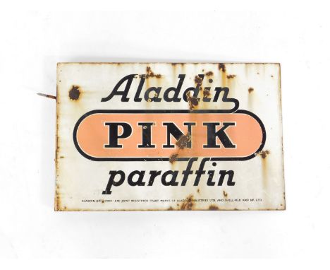An enamel advertising sign Aladdin Pink Paraffin, black lettering against a pink and white ground, 36cm H, 54cm W.