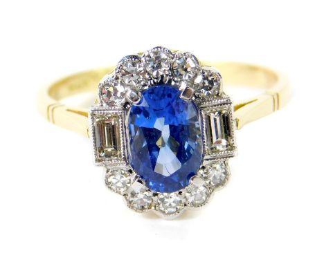 An Art Deco style 18ct gold sapphire and diamond ring,  the oval cut sapphire approx 1ct, diamonds approx 0.5ct, size Q, 4.0g