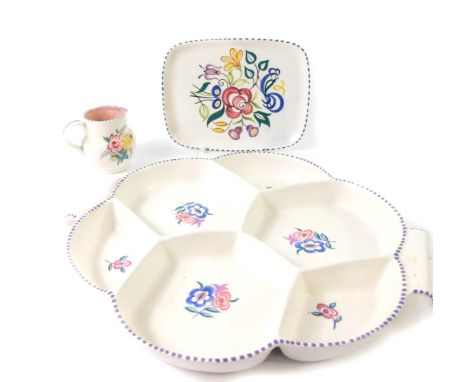 A Poole Pottery hors d'oeuvres dish, traditionally painted with floral sprays of six sectional twin handled form, together wi