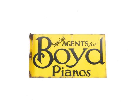An enamel advertising sign for Boyd Pianos, Special Agents For, black lettering against a yellow ground, 31cm H, 51cm W.
