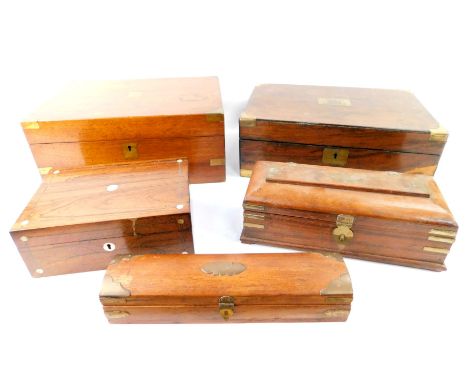 A Victorian walnut and brass bound writing slope, 35cm W, 23cm D, a further walnut writing slope, 35.5cm W, 23cm D, a rosewoo
