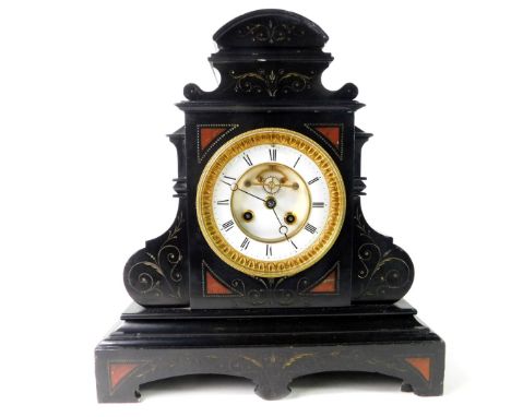 A French late 19thC slate and marble mantel clock, circular enamel dial with visible Brocot escapement, chapter ring bearing 