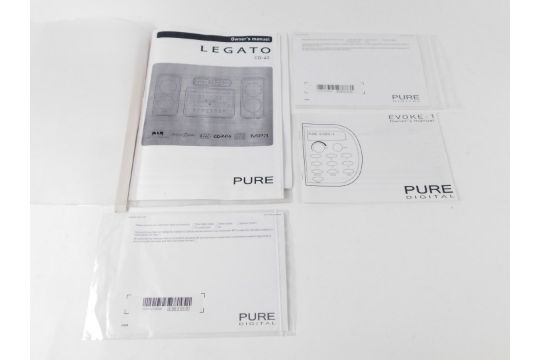 A Pure Evoke -1 Digital Radio, Pure Legato CD player, and a pair of