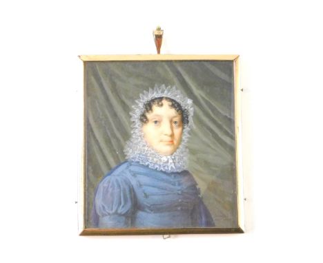 An early 19thC portrait miniature, half length study of a lady in a blue dress with lace collar and bonnet, curtain backgroun