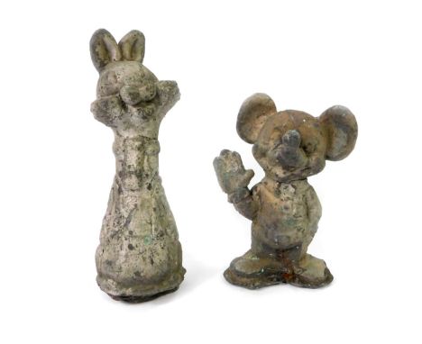 A vintage mid 20thC metal figure modelled as Mickey Mouse, silver painted, 15cm H, together with a cartoon rabbit, 20cm H. (2