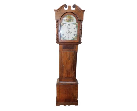 A George III oak longcase clock, the break arch enamel dial painted with floral spandrels, circular dial bearing Roman numera