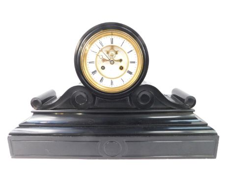 A French late 19thC slate mantel clock, for Brysons of Paris, circular enamel dial, with visible Brocot escapement, chapter r