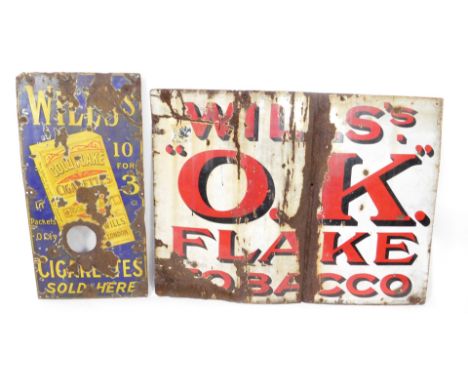 Two enamel signs for cigarettes, comprising Wills's Cigarettes Sold Here 10 for 3d, yellow against blue ground, 92cm H, 46cm 