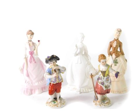 Three Royal Worcester porcelain figures, comprising Fragrance, Sunday Morning, and Summertime, together with two Meissen 20th