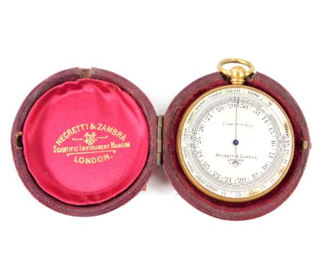 A Negretti &amp; Zambra late 19thC pocket barometer, No 27581, in a lacquered brass case, and red morocco leather outer case.