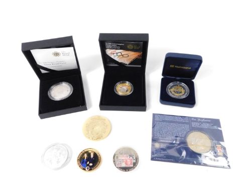 Commemorative coins, including a 2008 UK Queen Elizabeth I £5 silver proof coin, Britannia 1oz £2 coin 2010, 2008 UK Olympic 