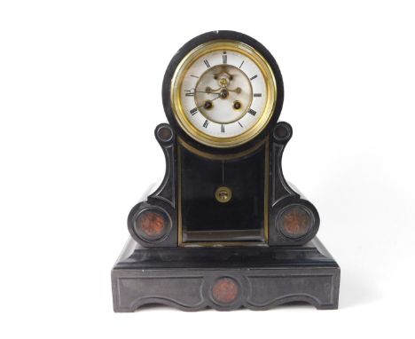 A French late 19thC slate and marble mantel clock, circular enamel dial bearing Roman numerals, visible Brocot escapement, ei