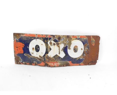 An enamel sign OXO, white lettering against a blue ground with red border, 46cm H, 123cm W.