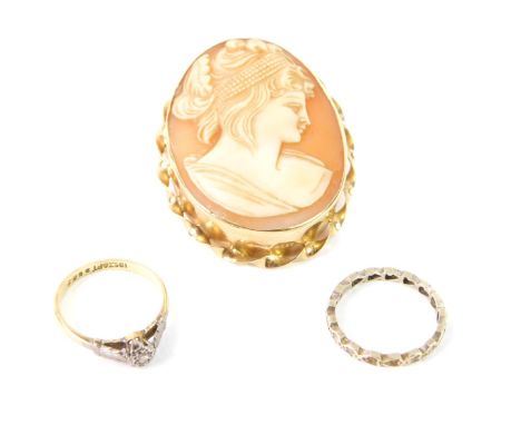 A 9ct gold and shell cameo brooch, bust portrait of a lady, 9.3g, an 18ct gold platinum and diamond set solitaire ring, size 