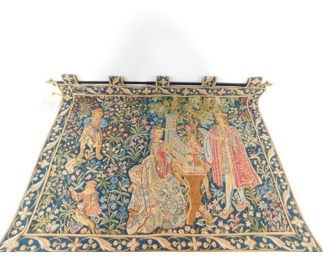 A reproduction cotton tapestry from Warwick Castle, The Concert 16thC, code 40114, with certificate, 110cm W, 90cm D.