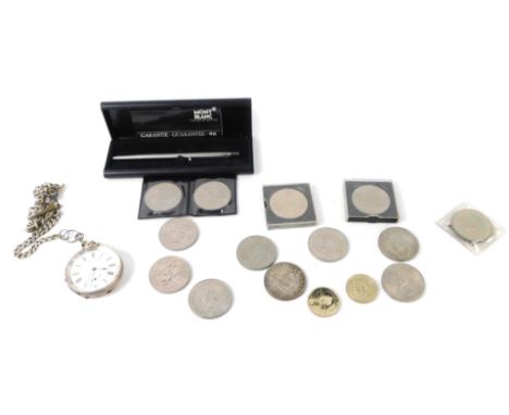 Commemorative crowns and £2 coins, a Mont Blanc ballpoint pen (cased), and a gentleman's silver pocket watch, open face, key 