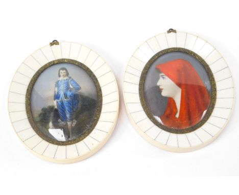 Two oval portrait miniatures, comprising The Blue Boy after Sir Thomas Gainsborough, and a Renaissance style bust portrait of