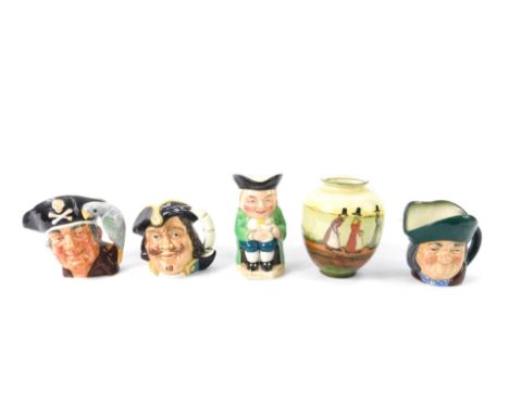 Three Royal Doulton character jugs, comprising Long John Silver D6386, Toby Philpots and Capt Henry Morgan, together with a B