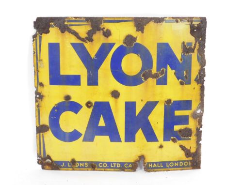 An enamel advertising sign for Lyons Cakes, blue lettering against a yellow ground, 76cm H, 81cm W. 