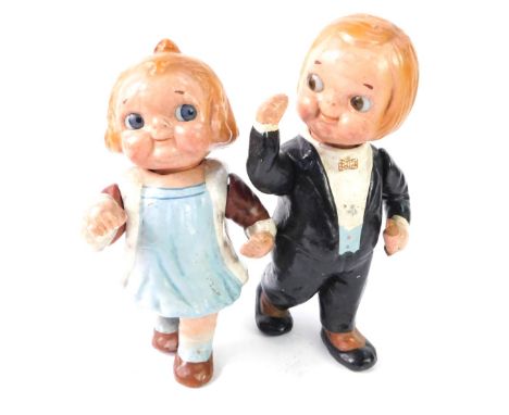 Two vintage 1940's Campbells Soup dolls, with articulated arms and head, google eyes, one modelled as a boy waiter, the other