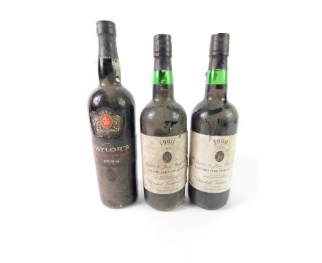 Two bottles of Churchill Graham late bottled vintage port 1990, bottled in 1996 for Simpkin &amp; James Wines Ltd, together w