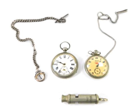 An Ingersoll gentleman's railway pocket watch, open faced, keyless wind, dial bearing Arabic numerals, subsidiary seconds dia