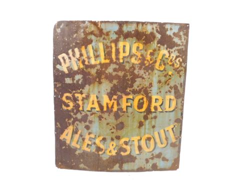 An enamel sign for Phillips &amp; Cos Stamford Ales and Stout, yellow lettering against a blue ground, 122cm H, 107cm W.