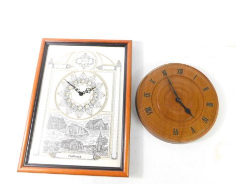 A wooden carved circular wall clock, bearing Roman numerals, quartz movement, by R &amp; V Siford of Oxford, 25.5cm dia, toge