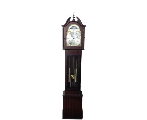 A German mahogany longcase clock, for Fen Clocks of Suffolk, brass break arch dial, with moon phase, chapter ring bearing Rom