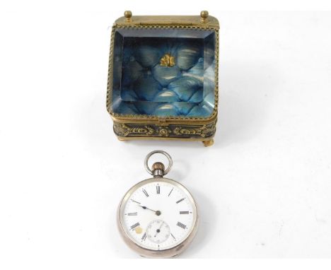 A gentleman's silver cased pocket watch, open faced, key less wind, circular enamel dial bearing Roman numerals, subsidiary s